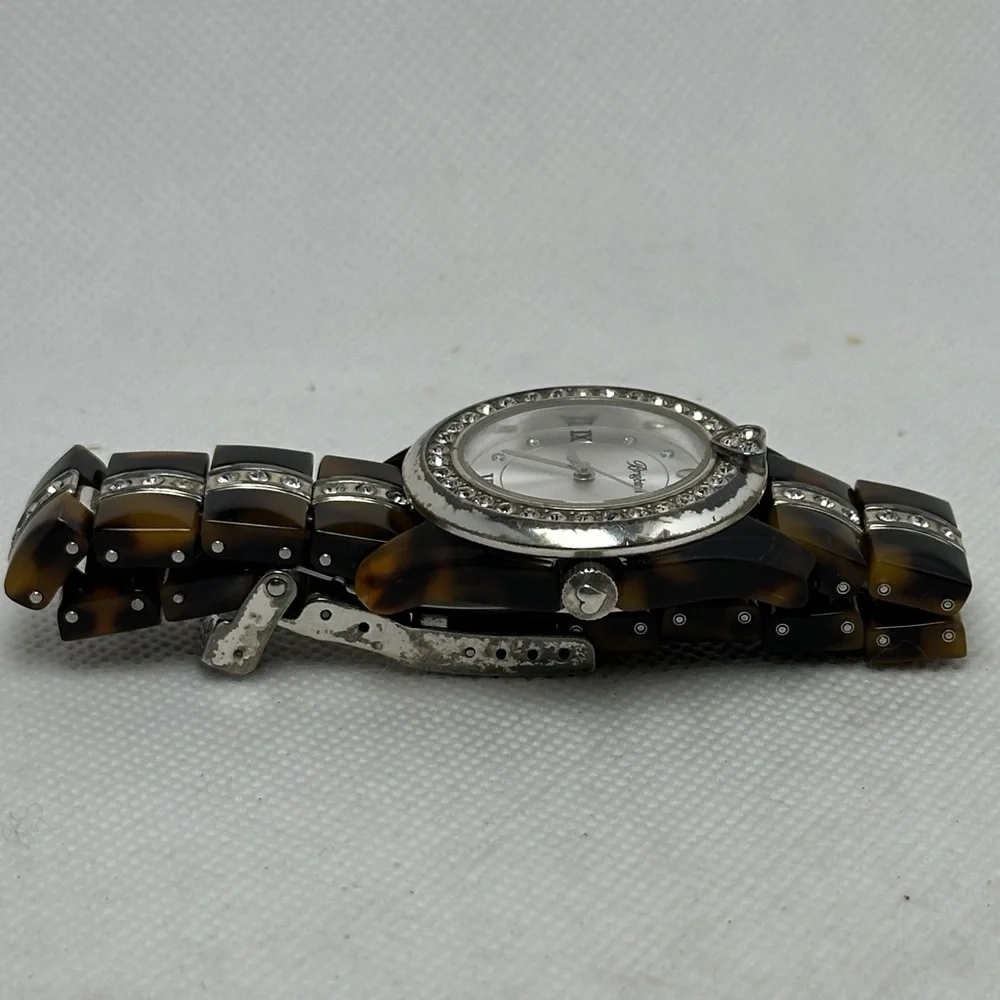 Brighton Women's Silver and Brown Tortoise Link Heart Watch w/ Rhinestones 2.75”